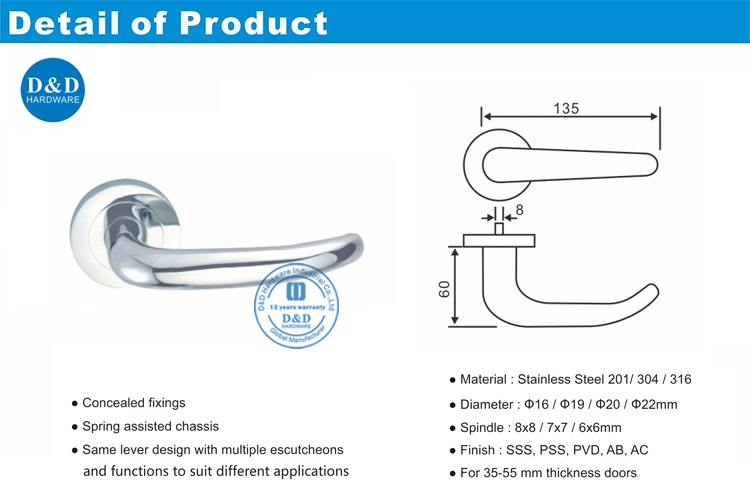 304 Stainless Steel Silver Metal Iron Door Hollow Tube Handle Lever