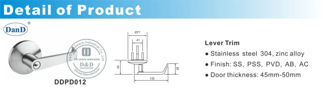 Stainless Steel 304 Lever Trim for Fire Rated Escape Door